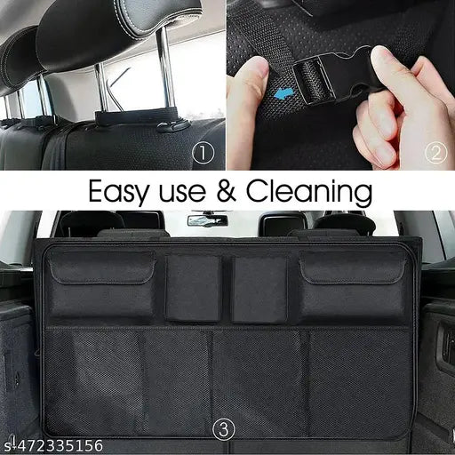 The 18279 Car Trunk Organizer hangs on the backseat with buckle attachments behind headrests, features 8 large waterproof pockets, and offers super capacity—an essential car accessory for easy use, cleaning, and organized travel.
