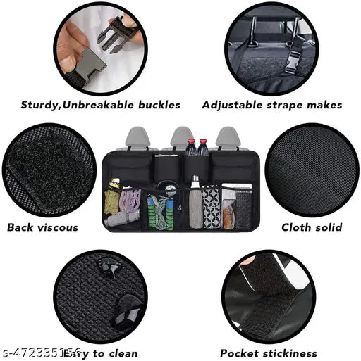 The 18279 Car Trunk Organizer is a waterproof, backseat hanging organizer with 8 large storage bags. Close-ups show sturdy buckles, adjustable straps, and easy-clean texture—a super capacity car accessory and essential trunk storage solution.
