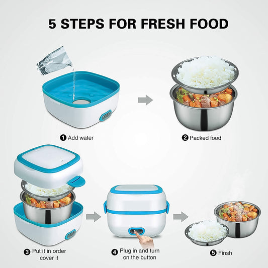 Electric Lunch Box 3 In 1 Food Heater Cooker Steamer With Stainless Steel Bowls (1 Set)
