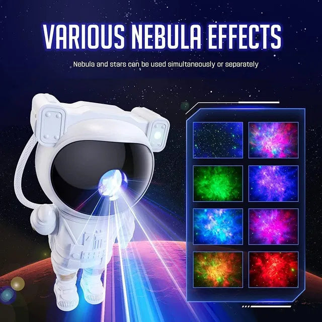 The 22927 Astronaut Galaxy Projector with 360° magnetic head rotation and remote control stands on a planet, casting colorful nebula and star effects. On the right are eight nebula images in blue, green, pink, and red. Text: Various Nebula Effects.