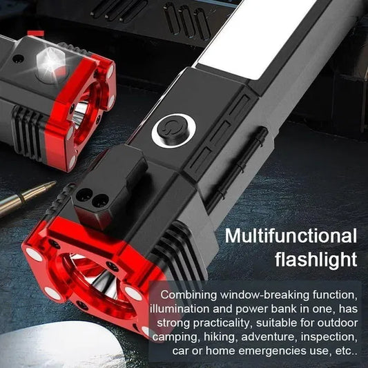 The 25478 High-Intensity Discharge (HID) Torch, shown in black and red with a power button and LED, features a window breaker, powerful illumination, power bank function, and is ideal for outdoor or emergency situations.