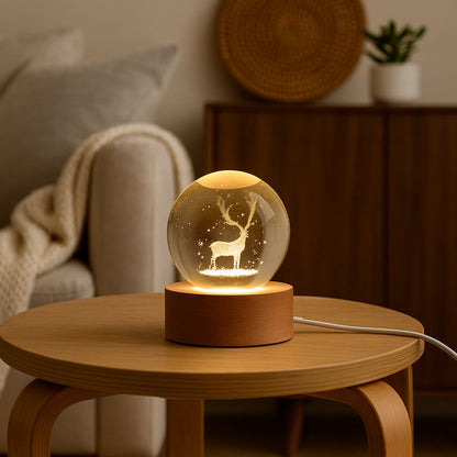Deer Crystal Ball Night Light Glass Ball Night Lamp with Wood Base