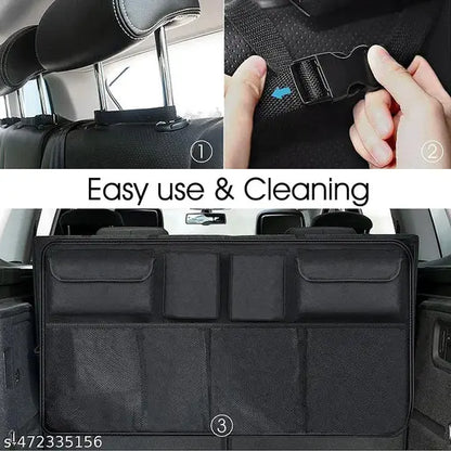 The 18279 Car Trunk Organizer hangs on the backseat with buckle attachments behind headrests, features 8 large waterproof pockets, and offers super capacity—an essential car accessory for easy use, cleaning, and organized travel.