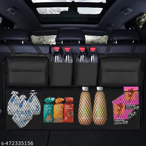 The 18279 Car Trunk Organizer is a waterproof backseat hanging organizer with 8 large storage bags for water bottles, drinks, snacks, and cartons. It attaches easily and keeps your trunk tidy with mesh and solid pockets.