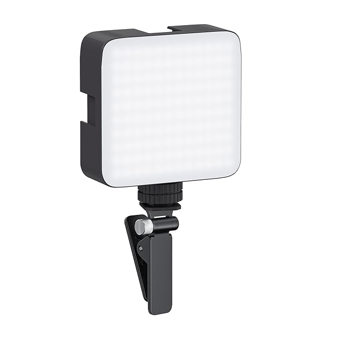 Camera Video Light with Clip and 3 Cold Shoe Connectors | 120 LED Beads | Dimmable and Rechargeable Battery |