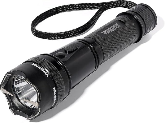 The 4485 Heavy Duty Aluminum Stun Gun for Self Defense is rechargeable, features an LED flashlight, wrist strap, textured grip, button switch, and a jagged bezel for protection. "4485" branding appears on the side and front.