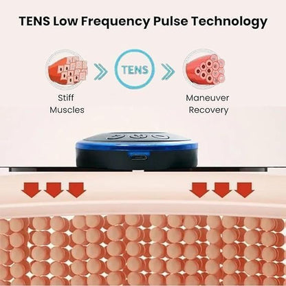 TENS device with text and graphics explaining TENS low frequency pulse technology on a white background.