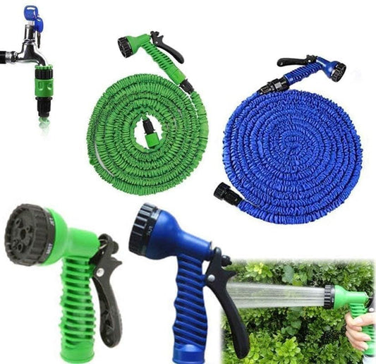 Two extendable garden hoses shown in green and blue, along with two spray nozzles in green and blue, on a white background. One nozzle is shown attached to a faucet, and the other image shows a hand holding the blue hose nozzle spraying water in a garden.