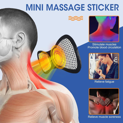 Mini massage sticker product with illustrations of its effects on muscles and fatigue.