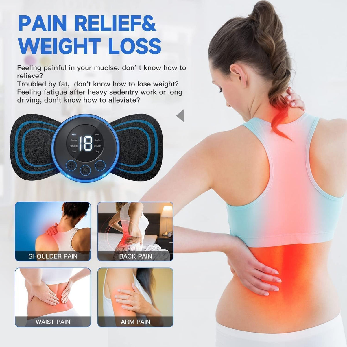 Woman using a pain relief device on her back with text about pain relief and weight loss.