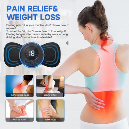 Woman using a pain relief device on her back with text about pain relief and weight loss.