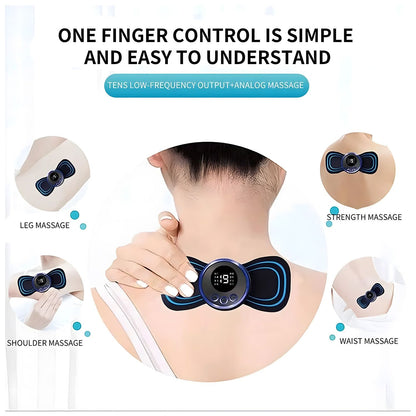 Massage device with digital display on a person's body, showing different massage points.