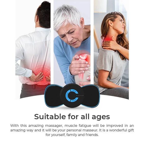 Advertisement for a massager showing people with muscle pain and text about its suitability for all ages.