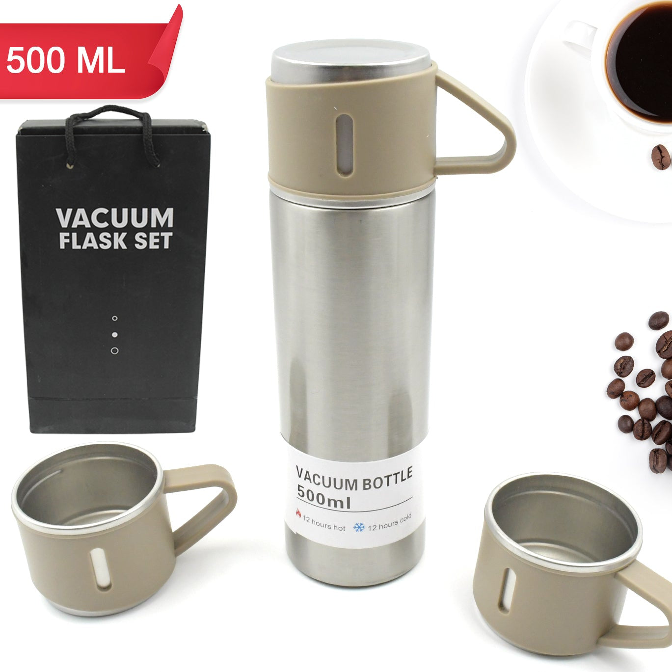2834 Stainless Steel Vacuum Flask Set With 3 Steel Cups Combo For Coffee Hot Drink And Cold Water Flask Ideal Gifting Travel Friendly Latest Flask Bottle. (500ml)