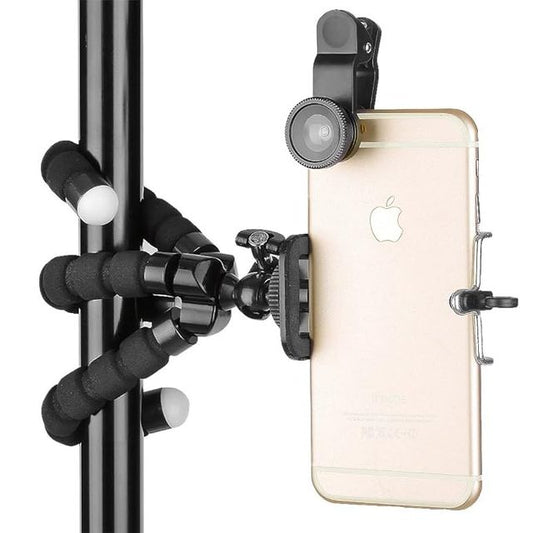 The 25560 Flexible Tripod Mini Universal Octopus Leg wraps around a metal pole, keeping a gold iPhone steady with its secure clamp mount for creative shooting angles.
