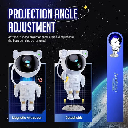 A diagram shows the 22927 Astronaut Galaxy Projector with 360° magnetic head rotation and adjustable arms, plus a cartoon astronaut bookmark. The projector attaches magnetically or detaches from its base for adjustable projection angles.