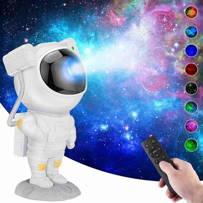 A person uses a remote to control the 22927 Astronaut Galaxy Projector, which has 360° magnetic head rotation and projects colorful nebula patterns on the wall. Multiple color options are visible.