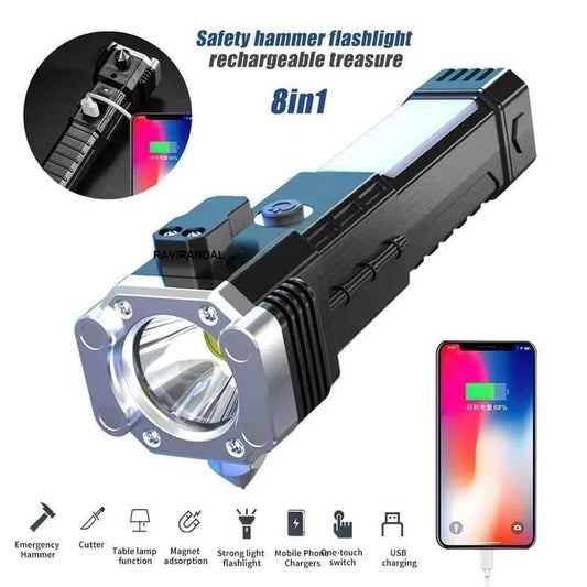 The 25478 High-Intensity Discharge (HID) Torch is a black 8-in-1 tool with a powerful, efficient light source, emergency hammer, cutter, table lamp, magnet, mobile charging, USB charging, and strong HID illumination.