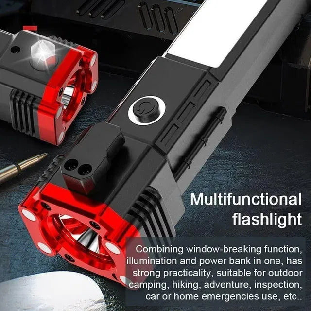 The 25478 8 in 1 Portable Rechargeable Torch LED Flashlight, in black and red, features a power button and combines window-breaking, illumination, and power bank functions—perfect for outdoor or home use.