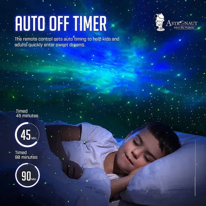 A young boy sleeps peacefully as blue and green starry lights from the Astronaut Galaxy Projector - 360 Magnetic Head Rotation, Remote Control by 22927 glow overhead. Text notes a 45/90 min auto-off timer; the 22927 logo appears in the top right corner.