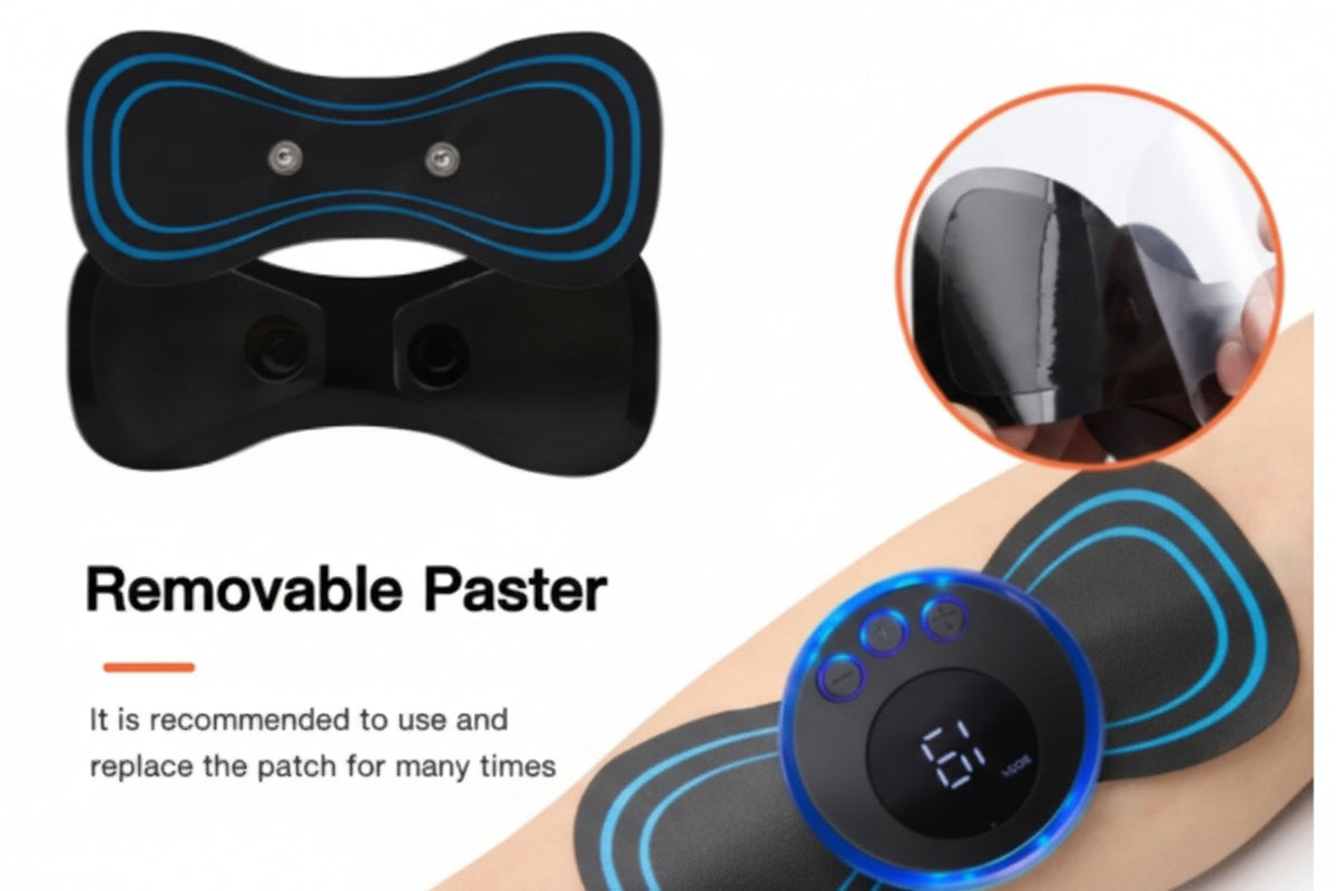 Black and blue reusable EMS muscle stimulator patches shown on a person's arm, with inset views of the patch design and a close-up of skin contact. Text reads 'Removable Paster' and notes replacement use.